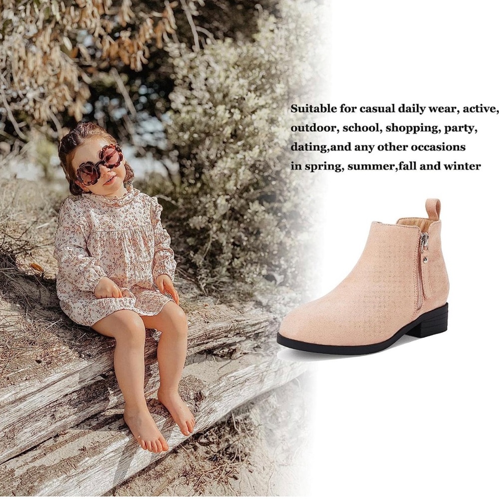 Coutgo Girl’s Kids Ankle Boots Round Toe Faux Suede Low Block Heel Platform - Picture 6 of 7